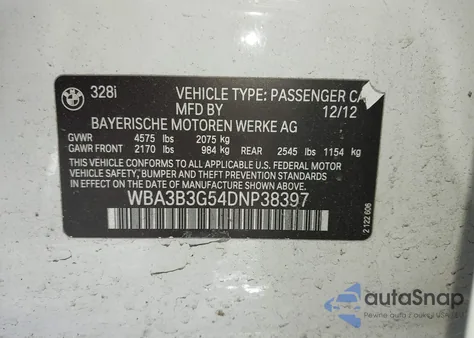 2013 BMW 328I xDrive z USA, uszkodzony, nr VIN WBA3B3G54DNP38397